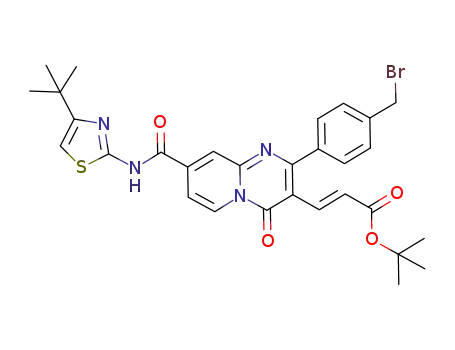 Molecular Structure of 918309-29-2 (2-Propenoic acid,
3-[2-[4-(bromomethyl)phenyl]-8-[[[4-(1,1-dimethylethyl)-2-thiazolyl]amino
]carbonyl]-4-oxo-4H-pyrido[1,2-a]pyrimidin-3-yl]-, 1,1-dimethylethyl
ester, (2E)-)