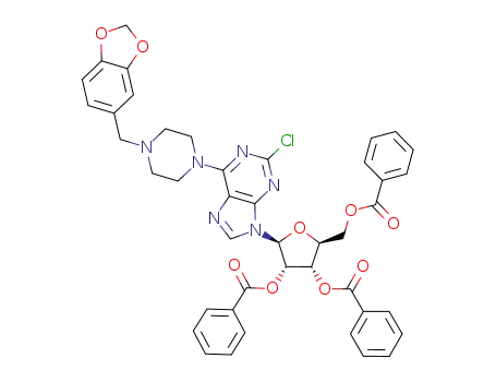 Molecular Structure of 862543-11-1 (9-(2',3',5'-tri-O-benzoyl-β-L-ribofuranosyl)-2-chloro-6-(4-piperonylpiperazin-1-yl)purine)