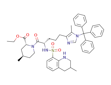 Molecular Structure of 698354-12-0 ((2R,4R)-4-methyl-1-[(2S)-5-[5-methyl-1-(triphenylmethyl)-1H-imidazol-4-yl]-1-oxo-2-[(1,2,3,4-tetrahydro-3-methyl-8-quinolinyl)sulfonyl]amino-pentyl]-2-piperidinecarboxylic acid ethyl ester)