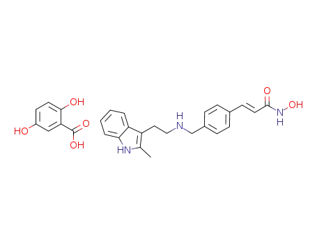 Molecular Structure of 960055-55-4 (N-hydroxy-3-[4-[[[2-(2-methyl-1H-indol-3-yl)ethyl]amino]methyl]phenyl]-2E-2-propenamide gentisate)