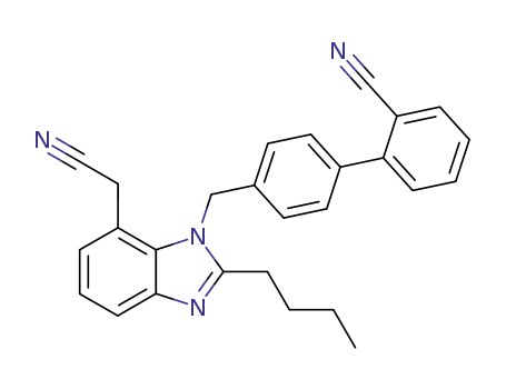 Molecular Structure of 136304-60-4 (2-butyl-1-<(2'-cyanobiphenyl-4-yl)methyl>-7-(cyanomethyl)-1H-benzimidazole)