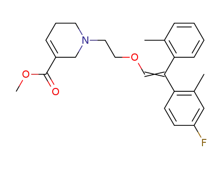 Molecular Structure of 131029-52-2 (3-Pyridinecarboxylic acid,
1-[2-[[2-(4-fluoro-2-methylphenyl)-2-(2-methylphenyl)ethenyl]oxy]ethyl]-1,
2,5,6-tetrahydro-, methyl ester)