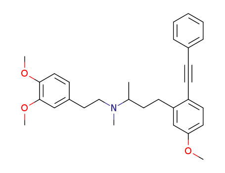 Molecular Structure of 99254-95-2 (N-[2-(3,4-dimethoxyphenyl)ethyl]-4-[5-methoxy-2-(phenylethynyl)phenyl]-N-methylbutan-2-amine)