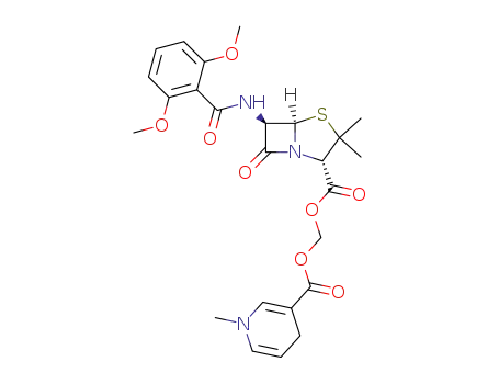 Molecular Structure of 122648-68-4 (<<(1,4-dihydro-1-methyl-3-pyridinyl)carbonyl>oxy>methyl <2S-(2α,5α,6β)>-3,3-dimethyl-7-oxo-6-(2,6-dimethoxybenzamido)-4-thia-1-azabicyclo<3.2.0>heptane-2-carboxylate)