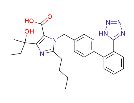 Molecular Structure of 144689-28-1 (1H-Imidazole-5-carboxylic acid,
2-butyl-4-(1-hydroxy-1-methylpropyl)-1-[[2'-(1H-tetrazol-5-yl)[1,1'-biphen
yl]-4-yl]methyl]-)