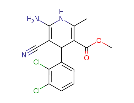 Molecular Structure of 155952-27-5 (3-Pyridinecarboxylic acid,
6-amino-5-cyano-4-(2,3-dichlorophenyl)-1,4-dihydro-2-methyl-, methyl
ester)