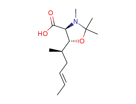 Molecular Structure of 81135-31-1 ((4S,5R,1'R,3'E)-2,2,3-trimethyl-5-(1'-methyl-3'-pentenyl)-4-oxazolidinecarboxylic acid)