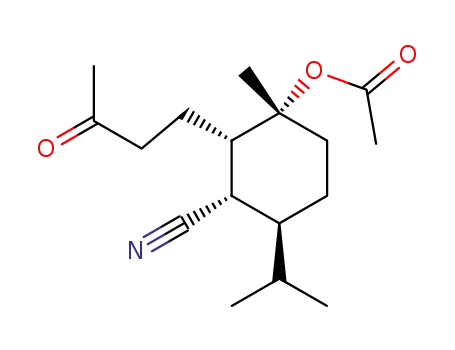 Molecular Structure of 131447-90-0 ((1S,2S,3R,6S)-3-ACETOXY-3-METHYL-6-(1-METHYLETHYL)-2-(3-OXOBUTYL) CYCLOHEXANENITRILE)