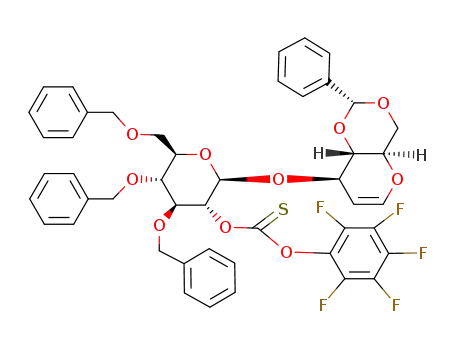Molecular Structure of 135225-04-6 (O-(3,4,6-tri-O-benzyl-2-O-<(pentafluorophenoxy)thiocarbonyl>-β-D-glucosyl)-(1<*>3)-1,5-anhydro-4,6-O-benzylidene-2-deoxy-D-arabino-hex-1-enopyranose)