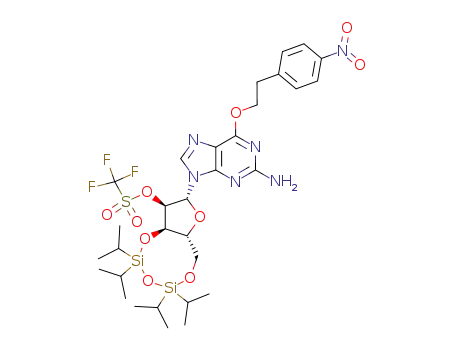 Molecular Structure of 158604-47-8 (O<sup>6</sup>-<2-(4-nitrophenyl)ethyl>-9-<3',5'-O-(1,1,3,3-tetraisopropyldisiloxane-1,3-diyl)-2'-O-<(trifluoromethyl)sulfonyl>-β-D-ribofuranosyl>guanine)