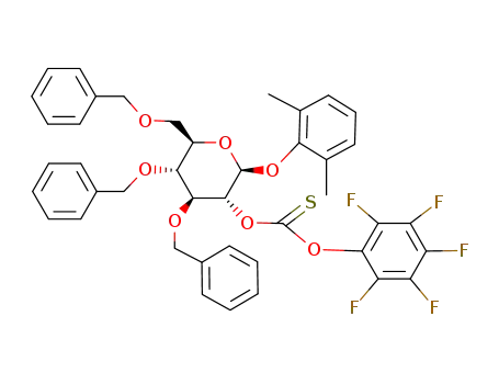 Molecular Structure of 135192-45-9 (2,6-dimethylphenyl 3,4,6-tri-O-benzyl-2-O-<(pentafluorophenoxy)thiocarbonyl>-β-D-glucopyranoside)