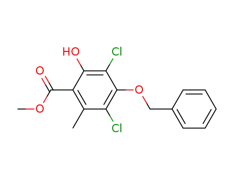 Molecular Structure of 39803-55-9 (Benzoic acid, 3,5-dichloro-2-hydroxy-6-methyl-4-(phenylmethoxy)-,
methyl ester)