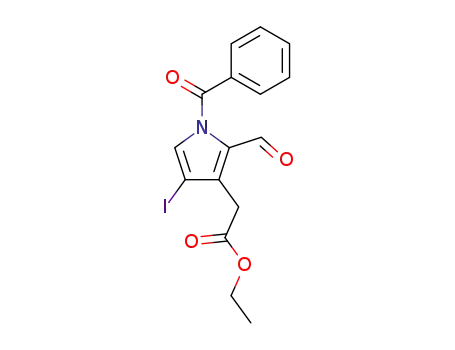 Molecular Structure of 91233-63-5 (1H-Pyrrole-3-acetic acid, 1-benzoyl-2-formyl-4-iodo-, ethyl ester)