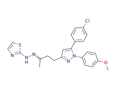 Molecular Structure of 114151-36-9 (5-(4-Chlorophenyl)-1-(4-methoxyphenyl)-3-(3-oxobutyl)-pyrazole thiazol-2-yl hydrazone)