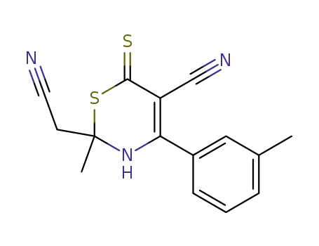 Molecular Structure of 94775-57-2 (2H-1,3-Thiazine-2-acetonitrile,
5-cyano-3,6-dihydro-2-methyl-4-(3-methylphenyl)-6-thioxo-)