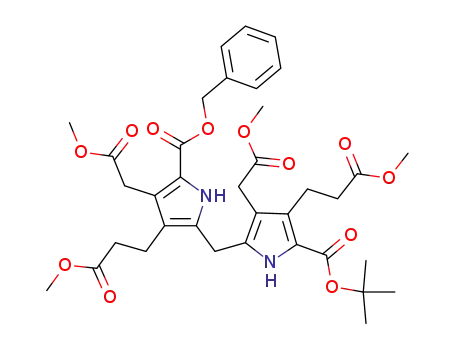Molecular Structure of 61637-68-1 (1H-Pyrrole-3-propanoic acid,
2-[(1,1-dimethylethoxy)carbonyl]-4-(2-methoxy-2-oxoethyl)-5-[[4-(2-meth
oxy-2-oxoethyl)-3-(3-methoxy-3-oxopropyl)-5-[(phenylmethoxy)carbonyl]-
1H-pyrrol-2-yl]methyl]-, methyl ester)