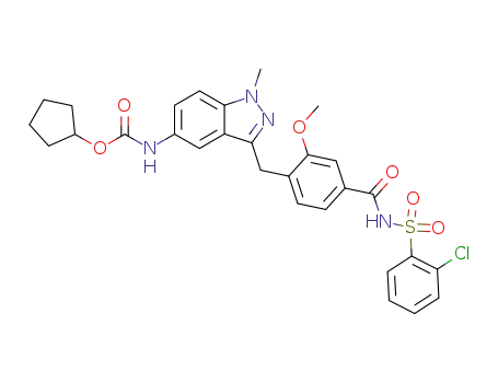 Molecular Structure of 126502-33-8 ({3-[4-(2-Chloro-benzenesulfonylaminocarbonyl)-2-methoxy-benzyl]-1-methyl-1H-indazol-5-yl}-carbamic acid cyclopentyl ester)