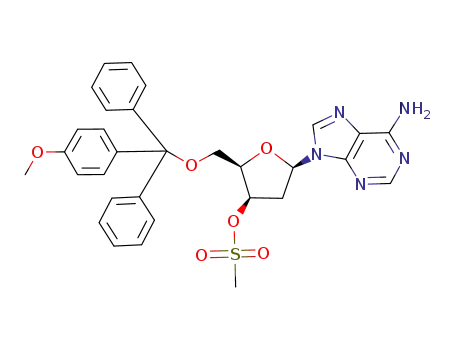 Molecular Structure of 108895-41-6 (9-<2-Deoxy-3-O-methanesulphonyl-5-O-(4-monomethoxytrityl)-β-D-threo-pentofuranosyl>adenine)