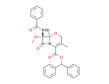 Molecular Structure of 68313-93-9 ((6<i>R</i>)-7<i>t</i>-benzoylamino-7<i>c</i>-methoxy-3-methyl-8-oxo-(6<i>r</i><i>H</i>)-5-oxa-1-aza-bicyclo[4.2.0]oct-2-ene-2-carboxylic acid benzhydryl ester)