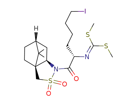 Molecular Structure of 161264-05-7 ((2R)-N-<<>(2S)-2-<<bis(methylthio)methylidene>amino>-6-iodohexan-1-oyl>bornane-10,2-sultam)