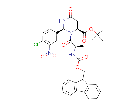 Molecular Structure of 189256-34-6 (4-Pyrimidinecarboxylic acid,
2-(4-chloro-3-nitrophenyl)-3-[(2R)-2-[[(9H-fluoren-9-ylmethoxy)carbonyl]
amino]-1-oxopropyl]hexahydro-6-oxo-, 1,1-dimethylethyl ester, (2S,4S)-)