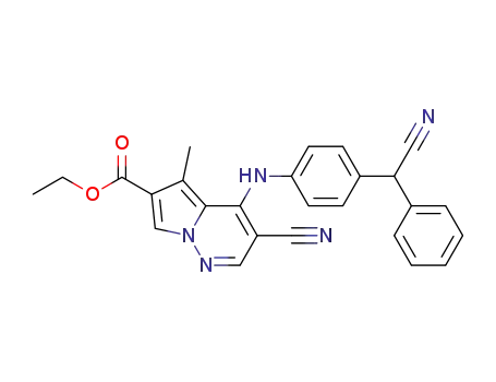 Molecular Structure of 779344-37-5 (3-Cyano-4-[4-(cyano-phenyl-methyl)-phenylamino]-5-methyl-pyrrolo[1,2-b]pyridazine-6-carboxylic acid ethyl ester)