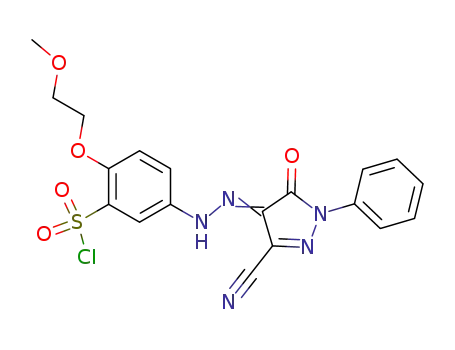 Molecular Structure of 82857-54-3 (Benzenesulfonyl chloride,
5-[(3-cyano-1,5-dihydro-5-oxo-1-phenyl-4H-pyrazol-4-ylidene)hydrazino
]-2-(2-methoxyethoxy)-)