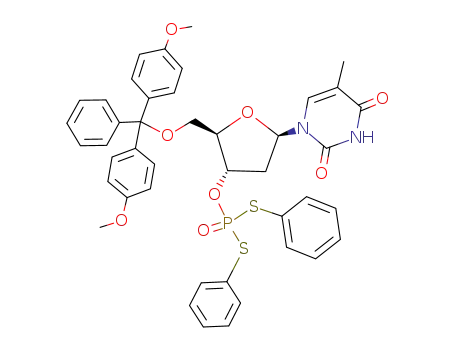 Molecular Structure of 80585-43-9 (Dithiophosphoric acid O-[(2R,3S,5R)-2-[bis-(4-methoxy-phenyl)-phenyl-methoxymethyl]-5-(5-methyl-2,4-dioxo-3,4-dihydro-2H-pyrimidin-1-yl)-tetrahydro-furan-3-yl] ester S,S'-diphenyl ester)