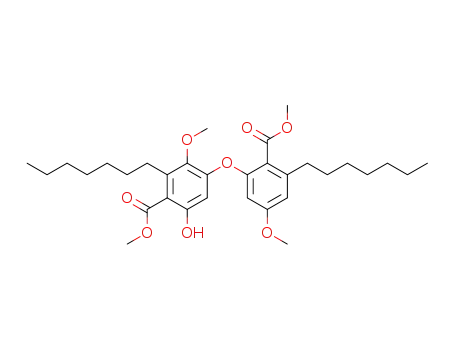 Molecular Structure of 94693-30-8 (Benzoic acid,
2-heptyl-4-[3-heptyl-5-methoxy-2-(methoxycarbonyl)phenoxy]-6-hydroxy-
3-methoxy-, methyl ester)
