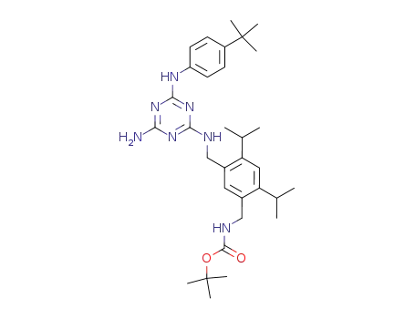 Molecular Structure of 155786-14-4 (carbamic acid <<5-<<<4-amino-6-<<4-(1,1-dimethylethyl)phenyl>amino>-1,3,5-triazin-2-yl>amino>methyl>-2,4-bis(1-methylethyl)phenyl>methyl>-1,1-dimethylethyl ester)