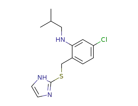 Molecular Structure of 128936-14-1 (Benzenamine,
5-chloro-2-[(1H-imidazol-2-ylthio)methyl]-N-(2-methylpropyl)-)