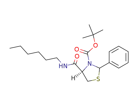 Molecular Structure of 106086-16-2 (3-Thiazolidinecarboxylic acid, 4-[(hexylamino)carbonyl]-2-phenyl-,
1,1-dimethylethyl ester)