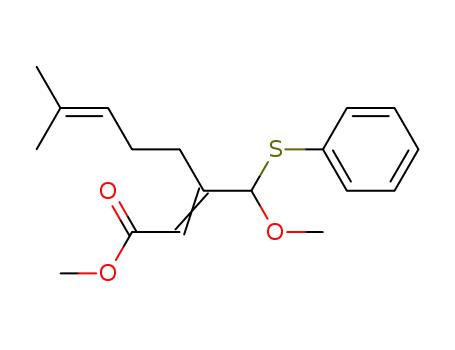 Molecular Structure of 89171-46-0 (2,6-Octadienoic acid, 3-[methoxy(phenylthio)methyl]-7-methyl-, methyl
ester, (E)-)