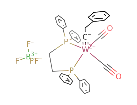 Molecular Structure of 96454-61-4 ([((C<sub>6</sub>H<sub>5</sub>)2PCH<sub>2</sub>)2W(CCH<sub>2</sub>C<sub>6</sub>H<sub>5</sub>)(CO)2]<sup>(1+)</sup>*BF<sub>4</sub><sup>(1-)</sup>=((C<sub>6</sub>H<sub>5</sub>)2PCH<sub>2</sub>CH<sub>2</sub>P(C<sub>6</sub>H<sub>5</sub>)2)W(CCH<sub>2</sub>C<sub>6</sub>H<sub>5</sub>)(CO)2BF<sub>4</sub>)