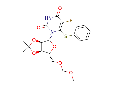 Molecular Structure of 87817-96-7 (5-Fluoro-1-((3aR,4R,6R,6aR)-6-methoxymethoxymethyl-2,2-dimethyl-tetrahydro-furo[3,4-d][1,3]dioxol-4-yl)-6-phenylsulfanyl-1H-pyrimidine-2,4-dione)