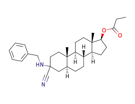 Molecular Structure of 125713-00-0 (Propionic acid (5S,8R,9S,10S,13S,14S,17S)-3-benzylamino-3-cyano-10,13-dimethyl-hexadecahydro-cyclopenta[a]phenanthren-17-yl ester)