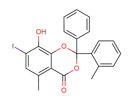 Molecular Structure of 149912-99-2 (8-Hydroxy-7-iodo-5-methyl-2-phenyl-2-o-tolyl-benzo[1,3]dioxin-4-one)