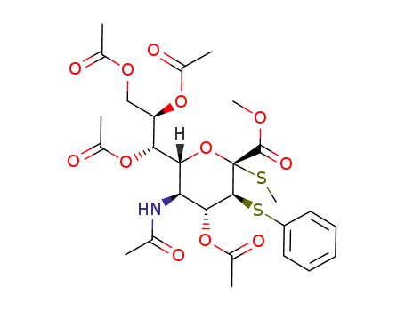 Molecular Structure of 195193-39-6 ((2R,3S,4R,5S,6R)-4-Acetoxy-5-acetylamino-2-methylsulfanyl-3-phenylsulfanyl-6-((1S,2R)-1,2,3-triacetoxy-propyl)-tetrahydro-pyran-2-carboxylic acid methyl ester)