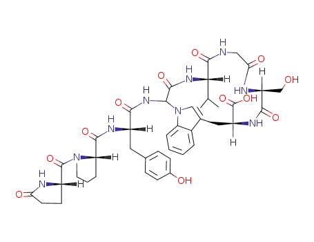 Molecular Structure of 125708-06-7 (L-Tryptophan,L-valylglycyl-L-seryl-1-[(R)-carboxy[(5-oxo-L-prolyl-L-prolyl-L-tyrosyl)amino]methyl]-,(41®1)-lactam)