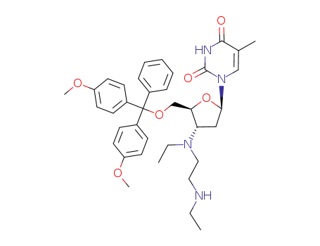 Molecular Structure of 177898-48-5 (1-{(2R,4S,5S)-5-[Bis-(4-methoxy-phenyl)-phenyl-methoxymethyl]-4-[ethyl-(2-ethylamino-ethyl)-amino]-tetrahydro-furan-2-yl}-5-methyl-1H-pyrimidine-2,4-dione)