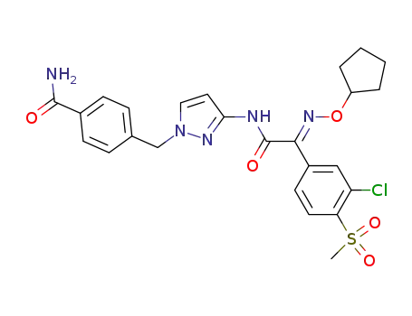 Molecular Structure of 1033780-02-7 ((E)-4-{3-[2-(3-chloro-4-methanesulfonyl-phenyl)-2-cyclopentyloxyimino-acetylamino]-pyrazol-1-ylmethyl}-benzamide)