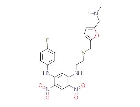 Molecular Structure of 142744-28-3 (1,3-Benzenediamine,N1-[2-[[[5-[(dimethylamino)methyl]-2-furanyl]methyl]thio]ethyl]-N3-(4-fluorophenyl)-4,6-dinitro-)
