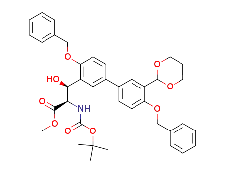 Molecular Structure of 146335-31-1 (4,4'-dibenzyloxy-3-<(S)-2-(tert-butoxycarbonylamino)-2-methoxycarbonyl-(R)-1-hydroxyethyl>-3'-(1,3-dioxan-2-yl)biphenyl)