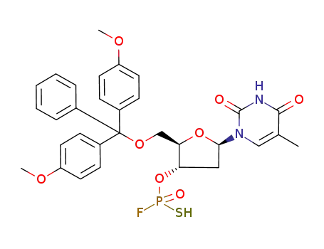 Molecular Structure of 182370-37-2 (Thiophosphorofluoridic acid O-[(2R,3S,5R)-2-[bis-(4-methoxy-phenyl)-phenyl-methoxymethyl]-5-(5-methyl-2,4-dioxo-3,4-dihydro-2H-pyrimidin-1-yl)-tetrahydro-furan-3-yl] ester)