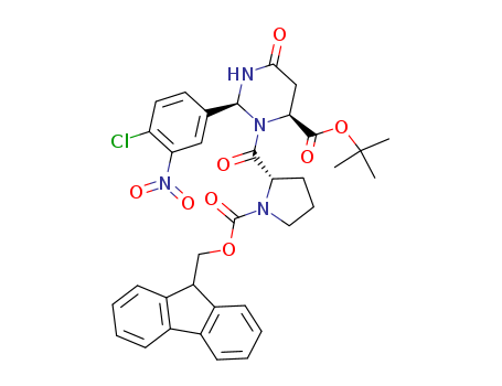 Molecular Structure of 189256-38-0 (4-Pyrimidinecarboxylic acid,
2-(4-chloro-3-nitrophenyl)-3-[[(2S)-1-[(9H-fluoren-9-ylmethoxy)carbonyl]-
2-pyrrolidinyl]carbonyl]hexahydro-6-oxo-, 1,1-dimethylethyl ester,
(2S,4S)-)
