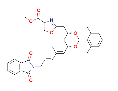 Molecular Structure of 105183-57-1 (4-Oxazolecarboxylic acid,
2-[[6-[5-(1,3-dihydro-1,3-dioxo-2H-isoindol-2-yl)-2-methyl-1,3-pentadien
yl]-2-(2,4,6-trimethylphenyl)-1,3-dioxan-4-yl]methyl]-, methyl ester)