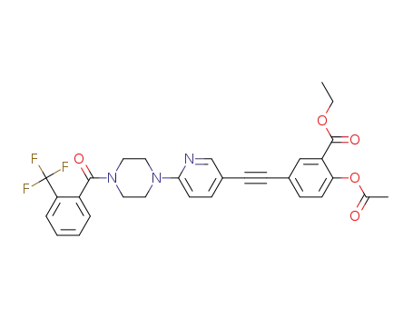 Molecular Structure of 1029358-63-1 (ethyl 2-methylcarbonyloxy-5-(2-{6-[4-(2-trifluoromethylbenzoyl)piperazino]-3-pyridyl}-1-ethynyl)benzoate)