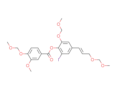Molecular Structure of 263887-36-1 (2-iodo-6-methoxymethoxy-4-[3-methoxymethoxy-1-(E)-propenyl]phenyl 3-methoxy-4-methoxymethoxybenzoate)
