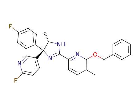 Molecular Structure of 1189757-73-0 (2-(benzyloxy)-6-[(4S,5S)-4-(4-fluorophenyl)-4-(6-fluoropyridin-3-yl)-5-methyl-4,5-dihydro-1H-imidazol-2-yl]-3-methylpyridine)