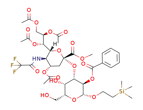 4-acetoxy-2-[3-benzoyloxy-5-hydroxy-6-hydroxymethyl-2-(2-trimethylsilanyl-ethoxy)-tetrahydro-pyran-4-yloxy]-6-(1,2,3-triacetoxy-propyl)-5-(2,2,2-trifluoro-acetylamino)-tetrahydro-pyran-2-carboxylic acid methyl ester